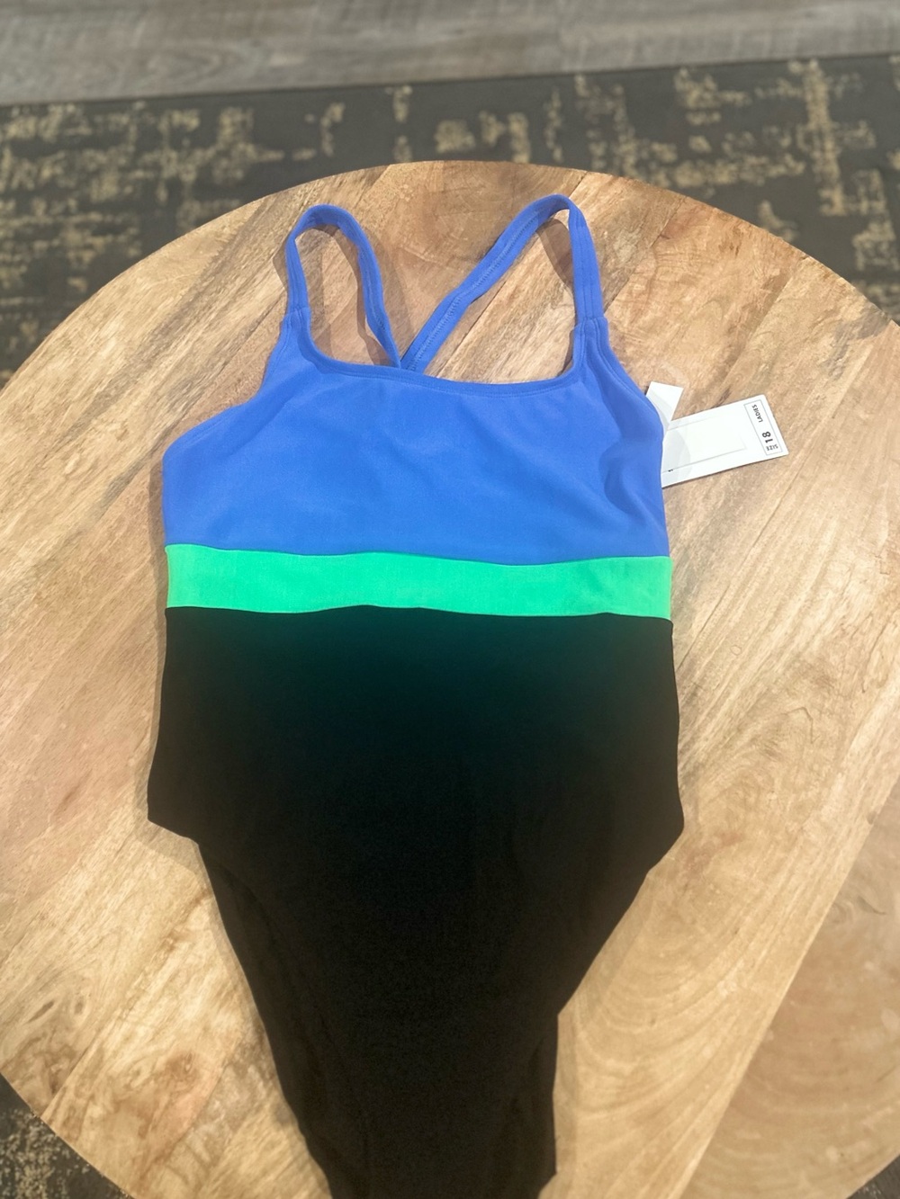 VTG Kmart Basic Editions Neon Green Blue Black Color Block One Pc Swimsuit Sz 16